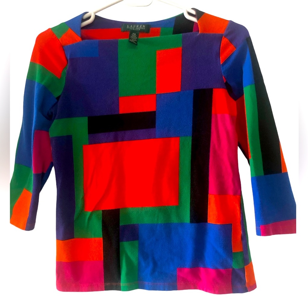 Lauren by Ralph Lauren petite medium color block square neckline top.